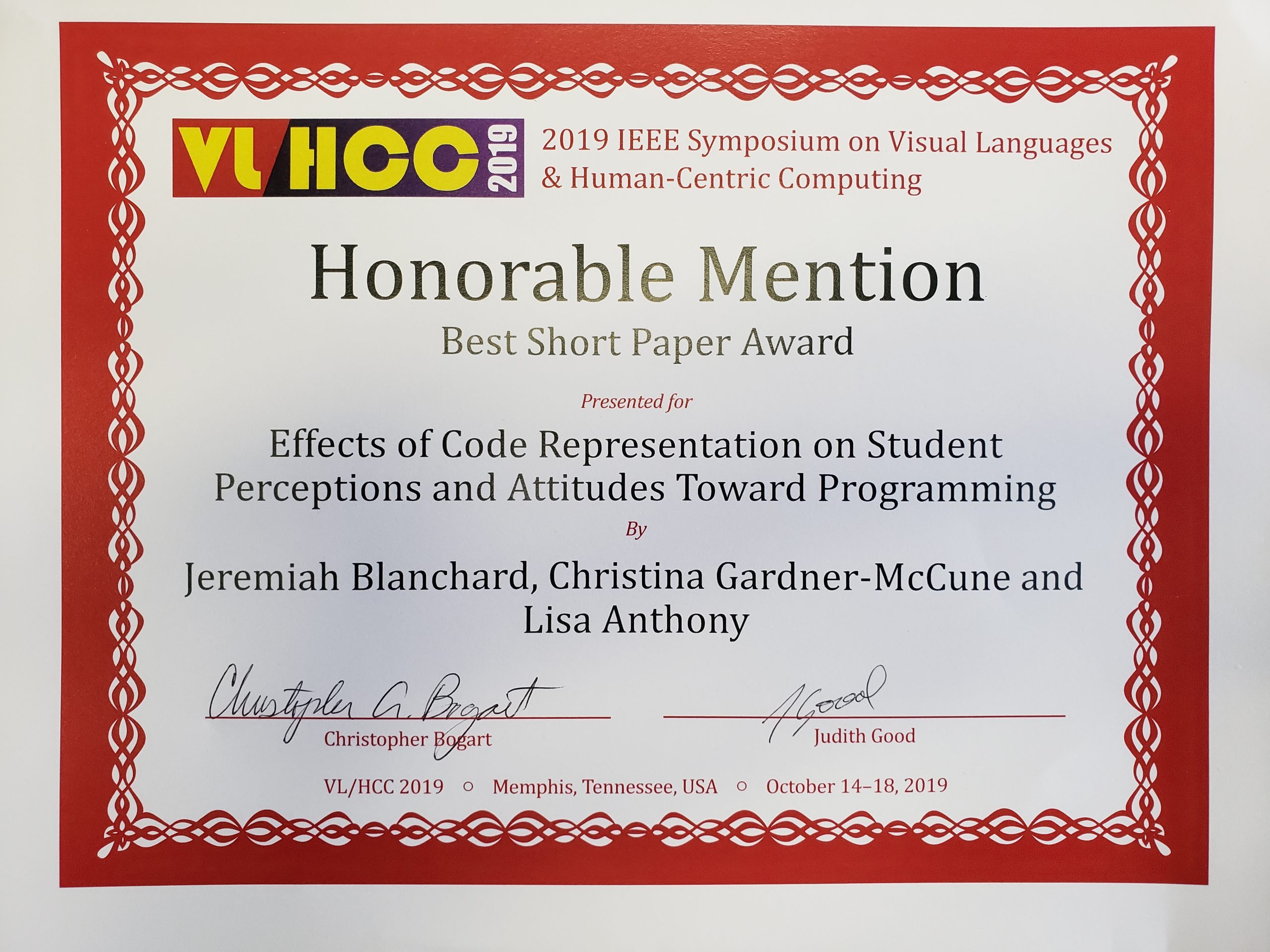 image of certificate for Honorable Mention for Best Short Paper at VL/HCC 2019