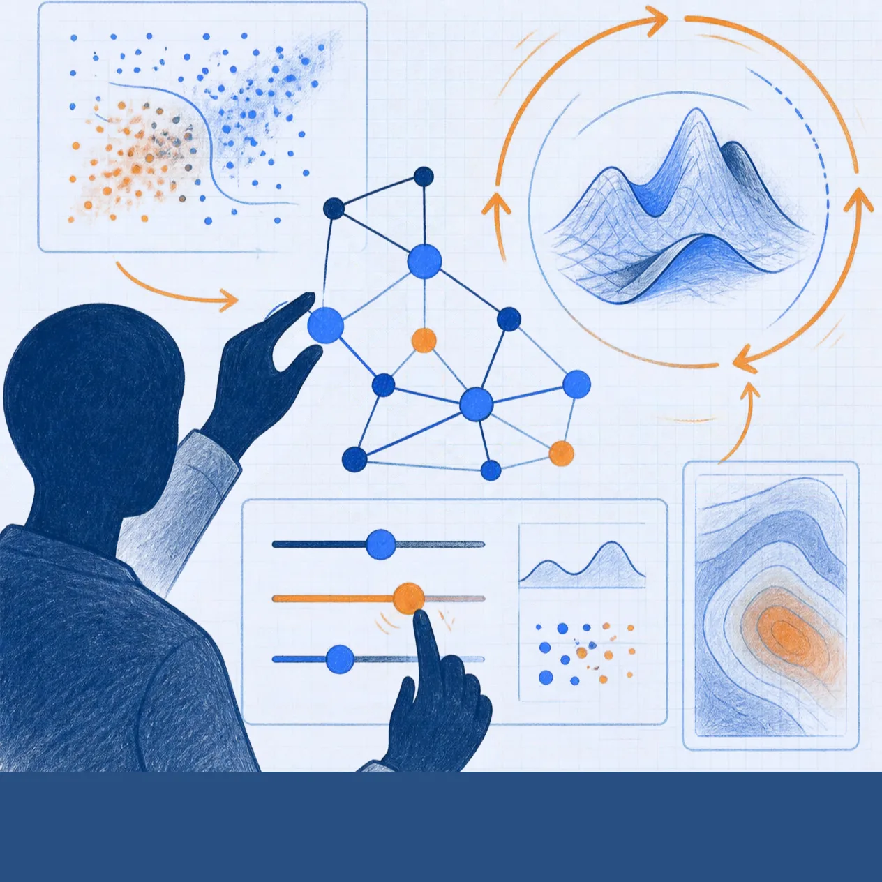 A person faces a wall with data visualizations and graphs, gesturing. Conceptual sketch generated by Canva AI.