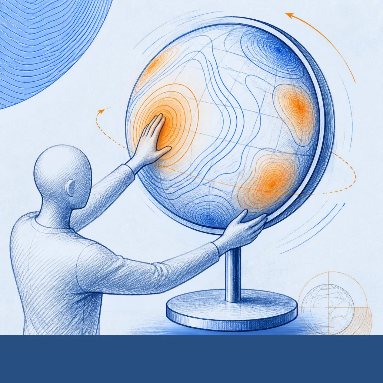 A person faces a large globe displaying data visualizations, while gesturing and pointing. Conceptual sketch generated by Canva AI.